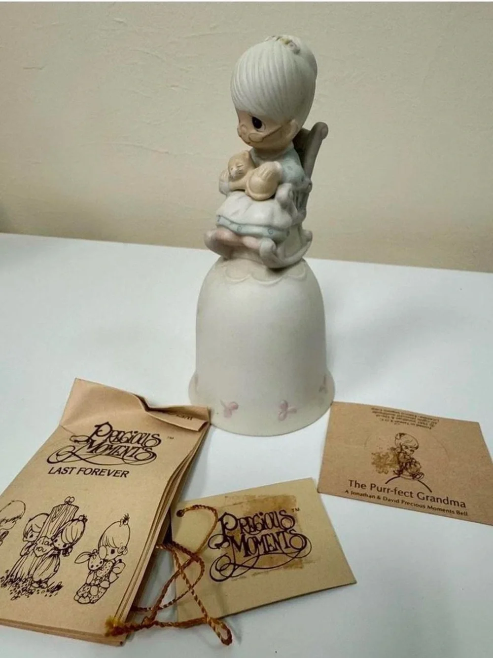 Vintage 1980s Precious Moments “The Purr-fect Grandma” Figurine Bell NIB